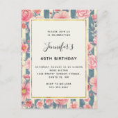 ピンクの水色の花オンストライプ誕生日 インビテーションポストカード (正面)