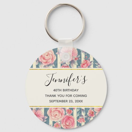 ピンクの水色の花オンストライプ誕生日 キーホルダー (正面)