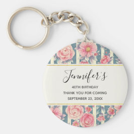 ピンクの水色の花オンストライプ誕生日 キーホルダー