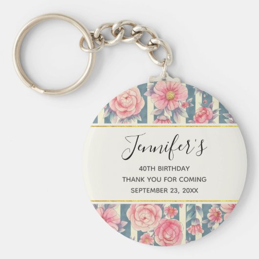 ピンクの水色の花オンストライプ誕生日 キーホルダー (正面)