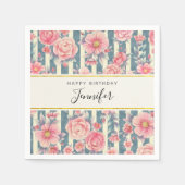 ピンクの水色の花オンストライプ誕生日 スタンダードカクテルナプキン (正面)