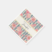 ピンクの水色の花オンストライプ誕生日 スタンダードカクテルナプキン (角)