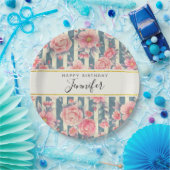 ピンクの水色の花オンストライプ誕生日 ペーパープレート (パーティー)