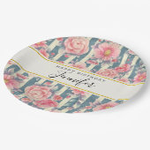 ピンクの水色の花オンストライプ誕生日 ペーパープレート (アングル)