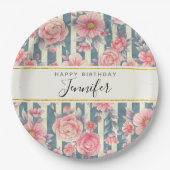ピンクの水色の花オンストライプ誕生日 ペーパープレート (正面)