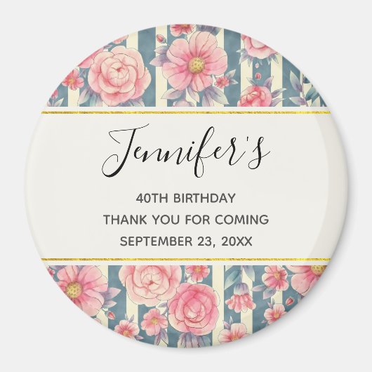 ピンクの水色の花オンストライプ誕生日 マグネット (正面)