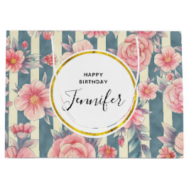 ピンクの水色の花オンストライプ誕生日 ラージペーパーバッグ