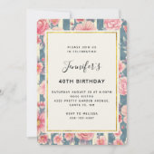 ピンクの水色の花オンストライプ誕生日 招待状 (正面)