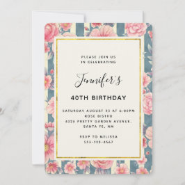 ピンクの水色の花オンストライプ誕生日 招待状