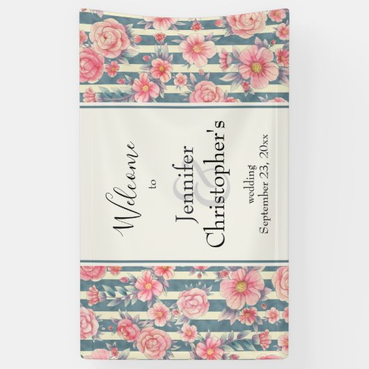ピンクの水色の花ストライプが咲き結婚乱れる 横断幕 (縦)