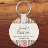 ピンクの水色の花ストライプが結婚咲く キーホルダー (正面)