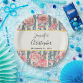 ピンクの水色の花ストライプが結婚紙P ペーパープレート (パーティー)