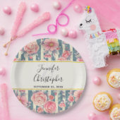 ピンクの水色の花ストライプが結婚紙P ペーパープレート (パーティー)