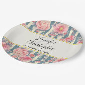 ピンクの水色の花ストライプが結婚紙P ペーパープレート (アングル)