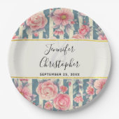 ピンクの水色の花ストライプが結婚紙P ペーパープレート (正面)