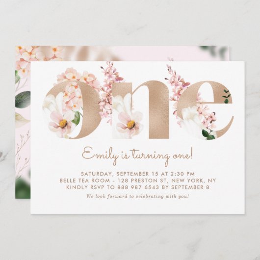 ピンクの水色の花バラ金ゴールド最初の誕生日 招待状 (正面/裏面)