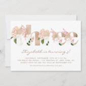 ピンクの水色の花バラ金ゴールド第3誕生日 招待状 (正面)