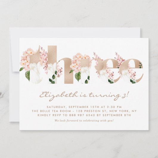 ピンクの水色の花バラ金ゴールド第3誕生日 招待状 (正面)