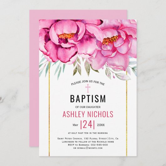 ピンクの水色の花フローラ女の子バプテスマ 招待状 (正面/裏面)