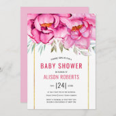 ピンクの水色の花フローラ女の子ベビーシャワー 招待状 (正面/裏面)