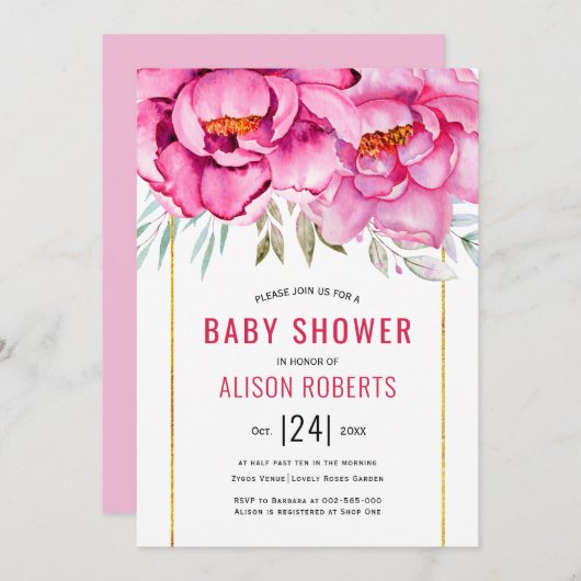 ピンクの水色の花フローラ女の子ベビーシャワー 招待状 (正面/裏面)