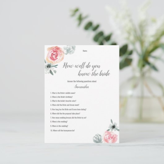 ピンクの水色の花ブライダルシャワーゲーム 案内ポストカード (スタンド正面)