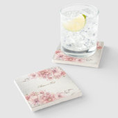 ピンクの水色の花光沢のあるグリッター モダン ストーンコースター (横)