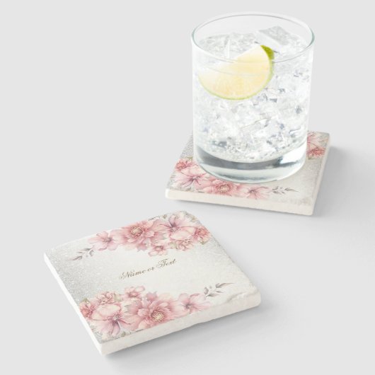 ピンクの水色の花光沢のあるグリッター モダン ストーンコースター (横)