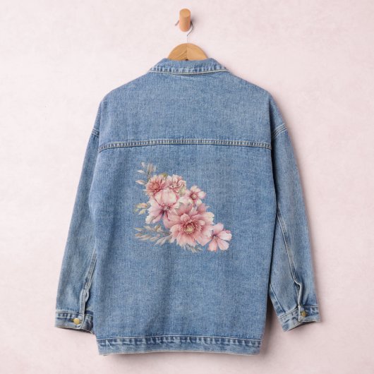 ピンクの水色の花光沢のあるグリッター モダン デニムジャケット (ハンガー)