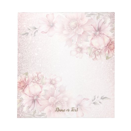 ピンクの水色の花光沢のあるグリッター モダン ノートパッド (正面)