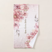 ピンクの水色の花光沢のあるグリッター モダン バスタオルセット (ハンドタオル)