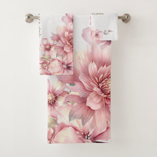 ピンクの水色の花光沢のあるグリッター モダン バスタオルセット