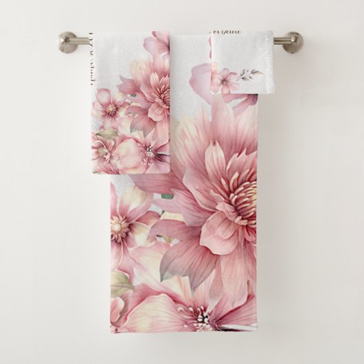 ピンクの水色の花光沢のあるグリッター モダン バスタオルセット (インサイチュ)