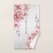 ピンクの水色の花光沢のあるグリッター モダン バスタオルセット (ハンドタオル)