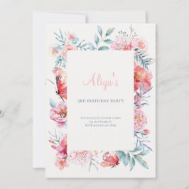 ピンクの水色の花女の子の誕生日パーティー 招待状