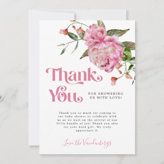 ピンクの水色の花女の子の赤ちゃんシャワー サンキューカード (正面)