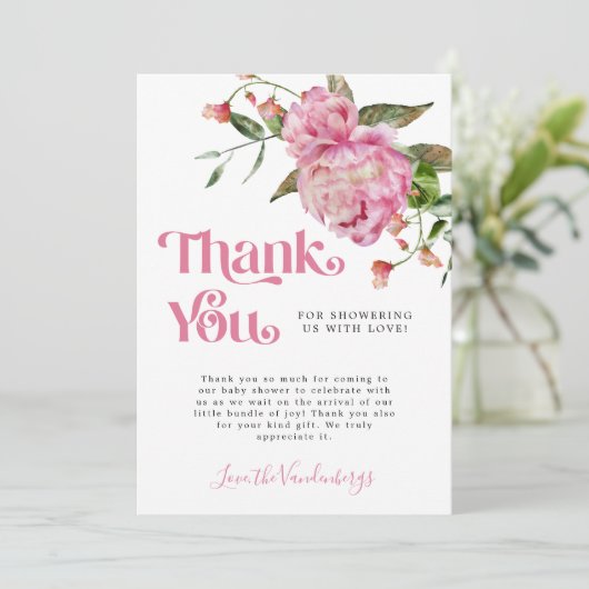 ピンクの水色の花女の子の赤ちゃんシャワー サンキューカード (スタンド正面)