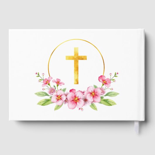 ピンクの水色の花模様、金ゴールドクロスガールバプテスマ ゲストブック (裏面)