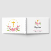ピンクの水色の花模様、金ゴールドクロスガールバプテスマ ゲストブック (全面)