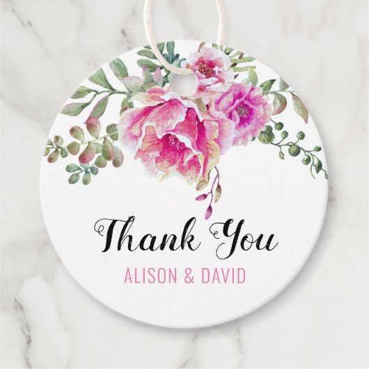 ピンクの水色の花結婚様ありがとう フェイバータグ (正面)