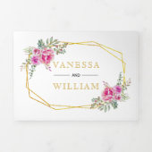 ピンクの水色の花金ゴールド幾何結婚の 三つ折り招待状 (カバー)