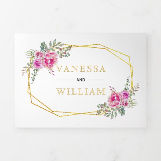 ピンクの水色の花金ゴールド幾何結婚の 三つ折り招待状 (カバー)