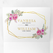 ピンクの水色の花金ゴールド幾何結婚の 三つ折り招待状 (内部最初)