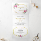 ピンクの水色の花金ゴールド幾何結婚の 三つ折り招待状 (内部)