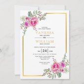 ピンクの水色の花、金ゴールドフレーム結婚フローラ 招待状 (正面)