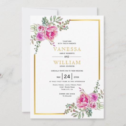 ピンクの水色の花、金ゴールドフレーム結婚フローラ 招待状 (正面)