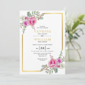 ピンクの水色の花、金ゴールドフレーム結婚フローラ 招待状 (スタンド正面)