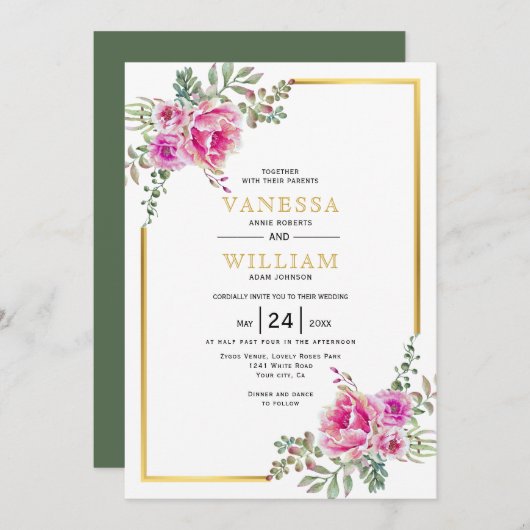 ピンクの水色の花、金ゴールドフレーム結婚フローラ 招待状 (正面/裏面)