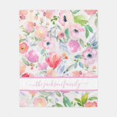 ピンクの水色の花bohoファミリー名文字 フリースブランケット (正面)