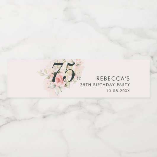 ピンクの水色の葉75番目の誕生日フローラパーティー ペットボトルラベル (シングルラベル)